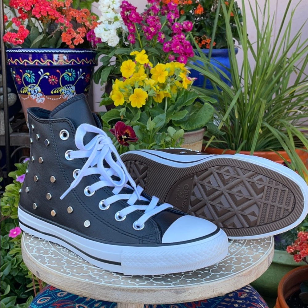 Leather & Silver Studded Converse Hi Tops Sz 7 - Picture 14 of 16